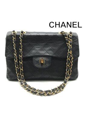 Chanel CC Logo Big Quilted Lambskin Chain Shoulder Bag Crossbody Black